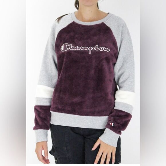 Champion Women's Super Fleece Faux Fur Piecing Crew‎ Sweatshirt Women's Size L - Picture 1 of 8